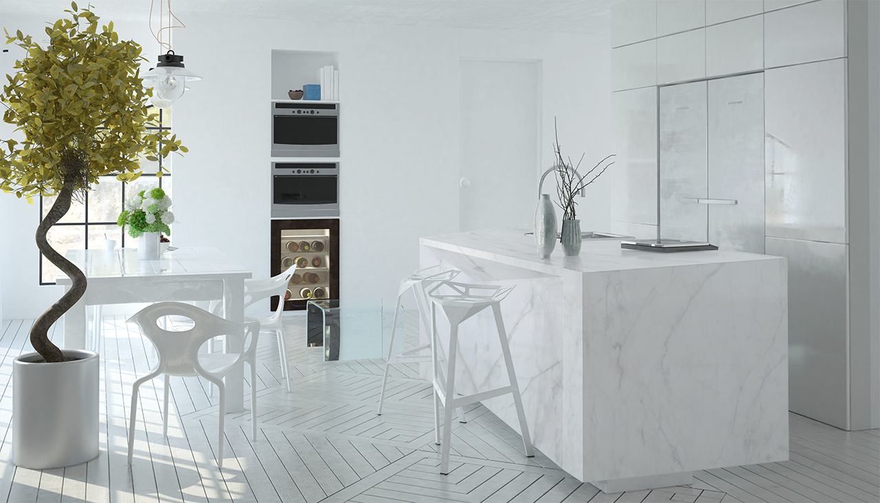 Großkeramikplatten 320×160 cm Franko Calacatta Ideal White für Arbeitsplatte und Verkleidung