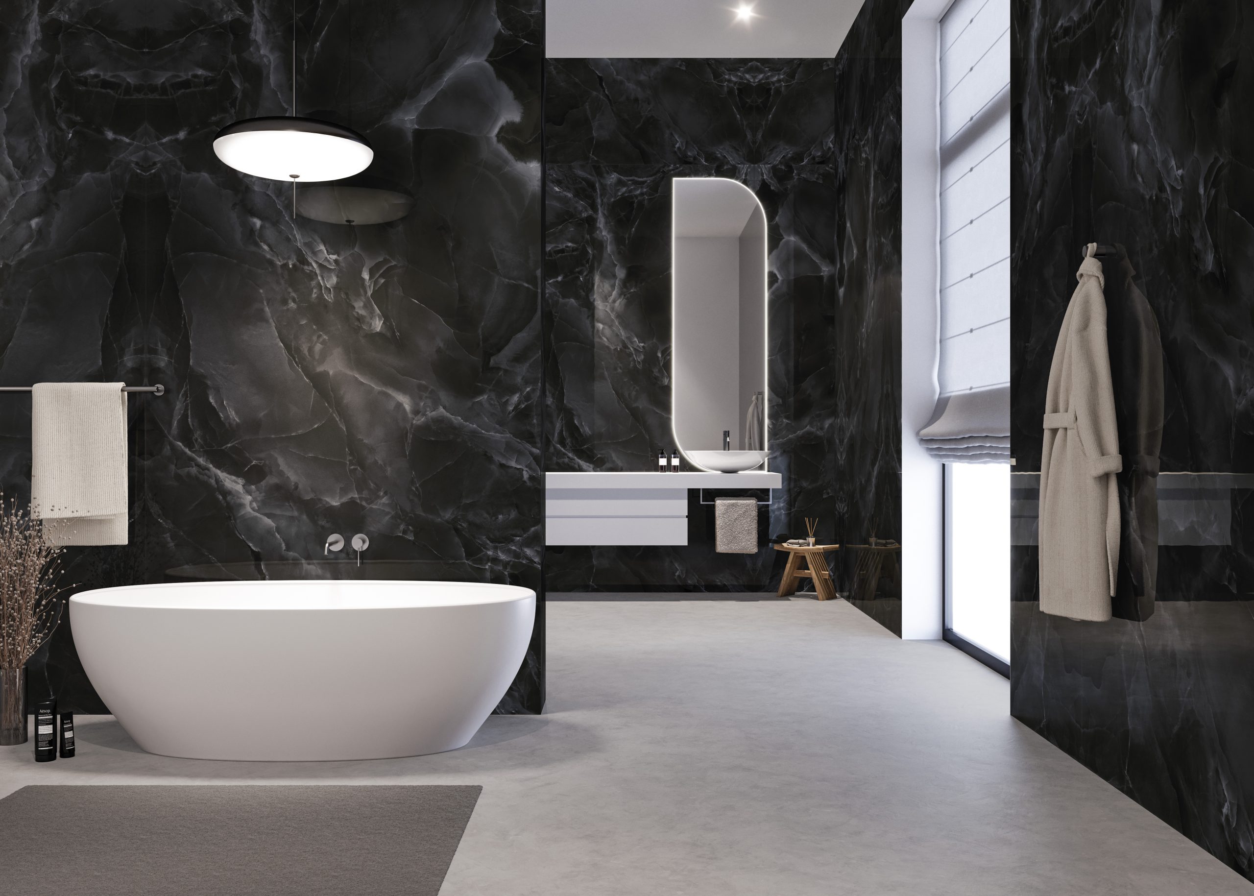 Fugenloses Badezimmer nach Maß mit Großformat-Keramik Franko Jewel Black