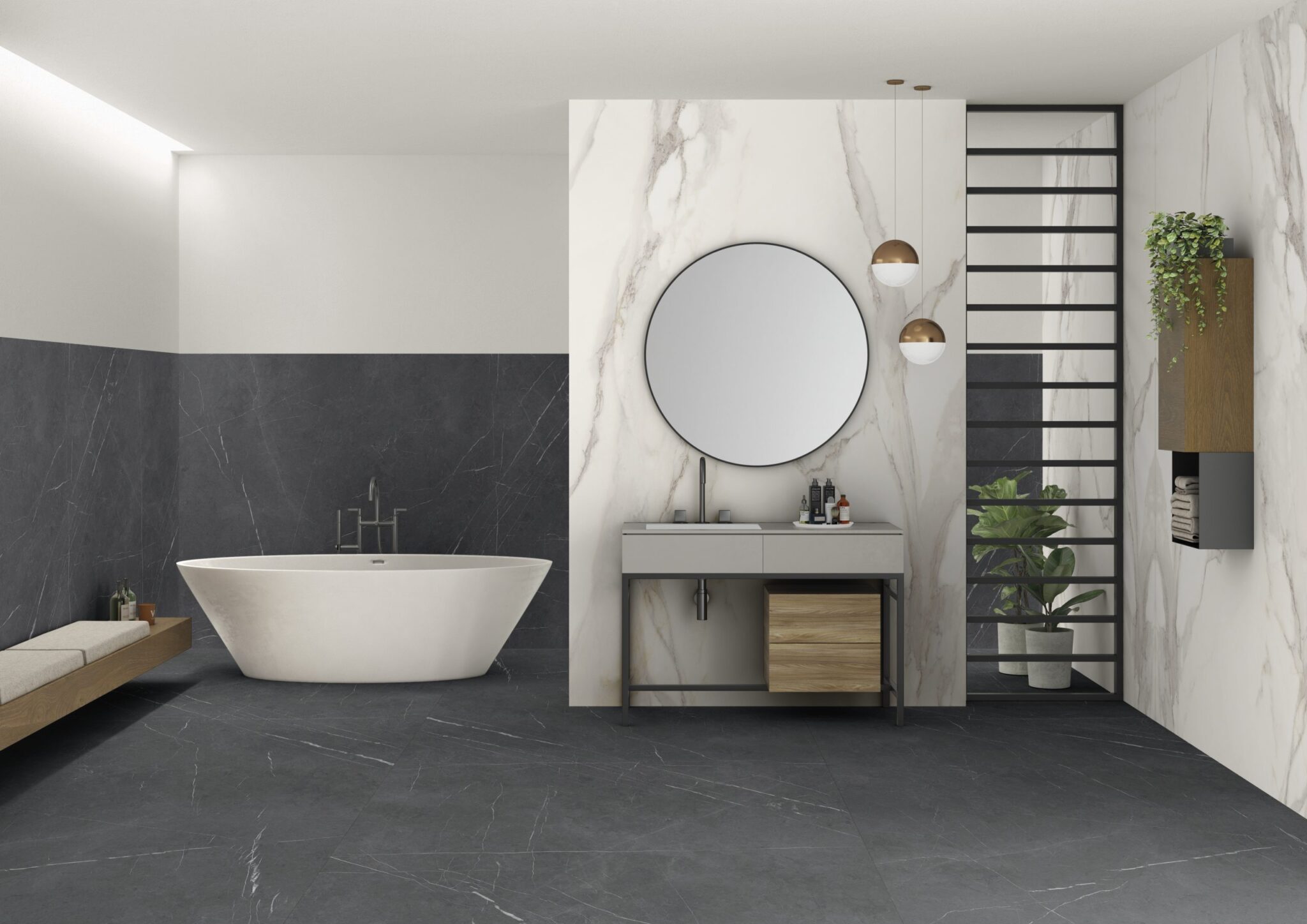 Fugenloses Badezimmer nach Maß mit großformatigen Keramikplatten Franko Statuario Eterno
