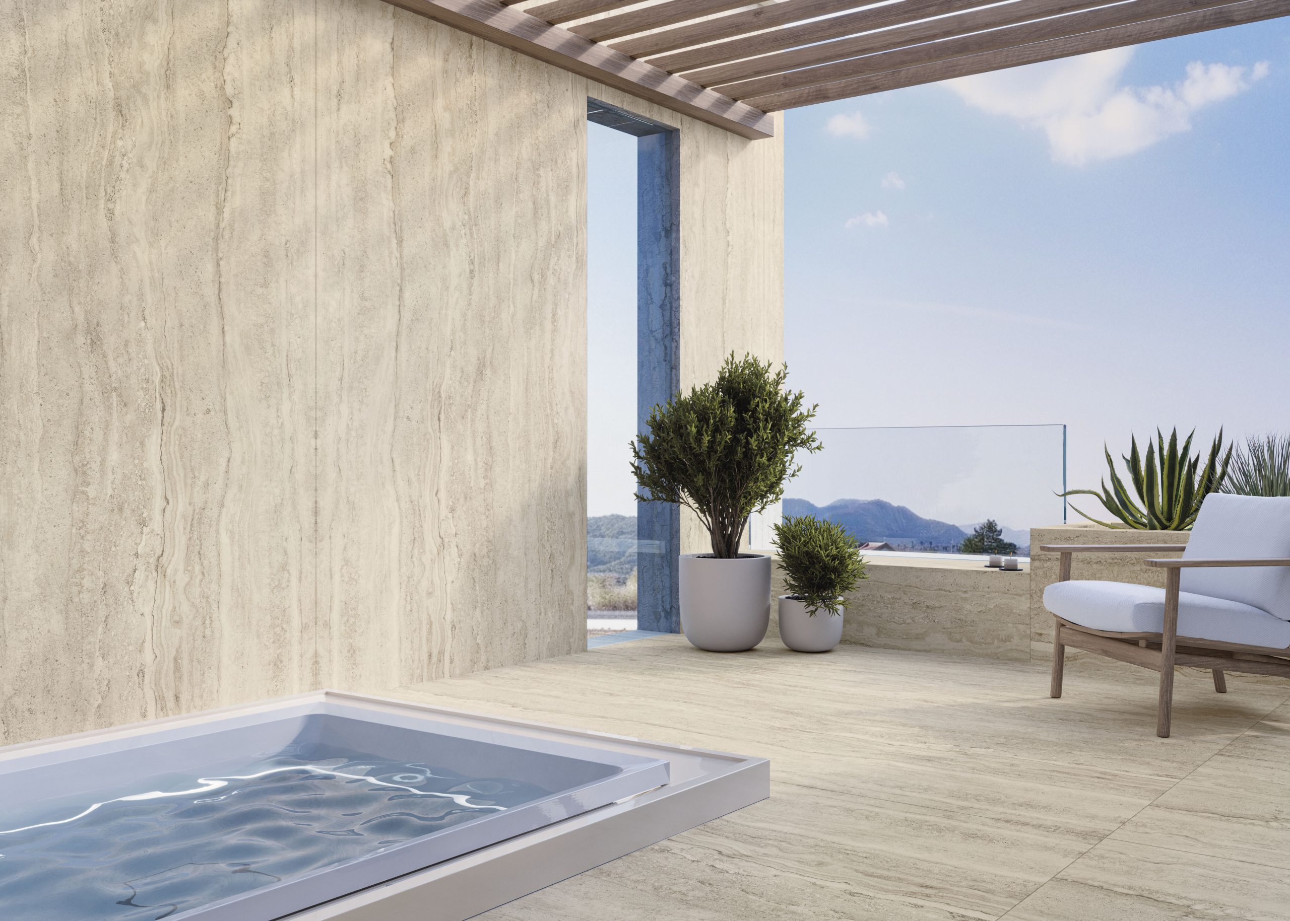 Velkoformátové keramické desky 320 x 160 cm, Franko Travertino Sand, pro pracovní desky a obklady