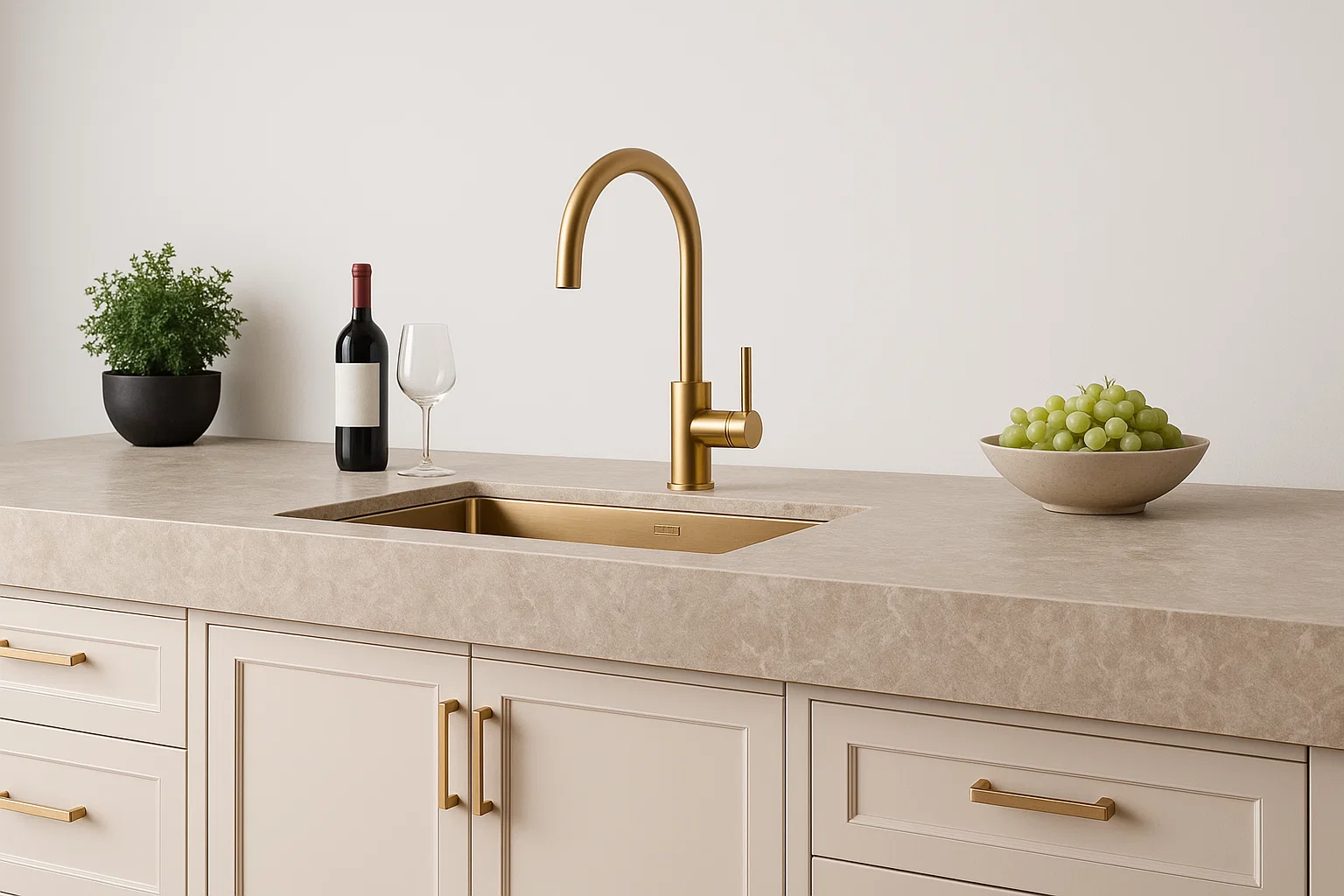 Küchenarbeitsplatte aus Großkeramikplatte, Beige, Cremefarben – Franko Limestone Taupe – structured
