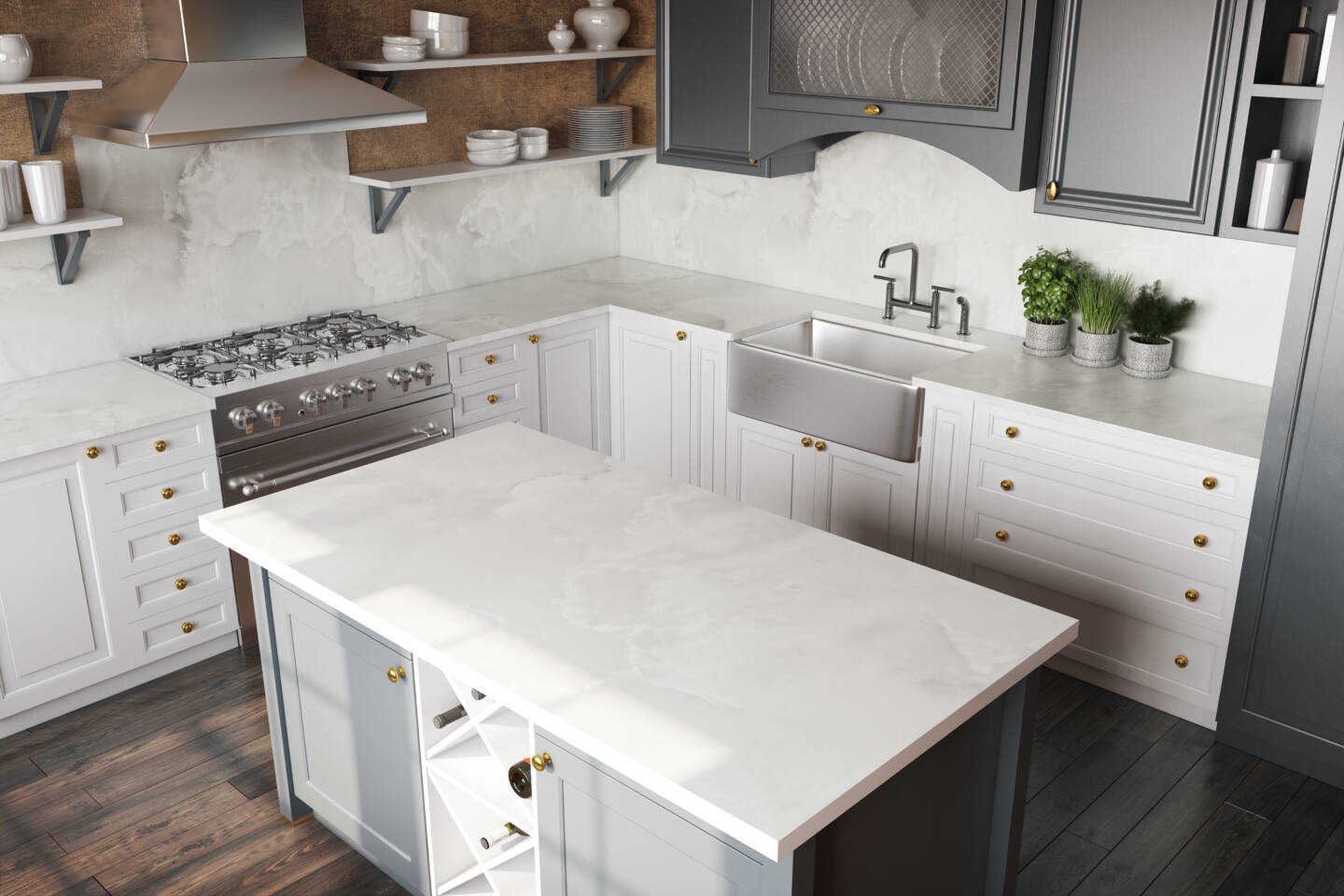 Kuchyňský obklad (ochrana proti stříkající vodě) z keramické desky Dekton Helena – leštěný