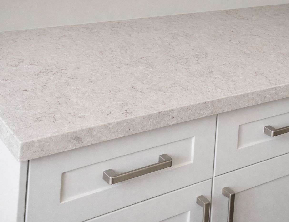 Kuchyňská deska z konglomerátu na míru, světle šedá – Caesarstone Bianco Drift – leštěná